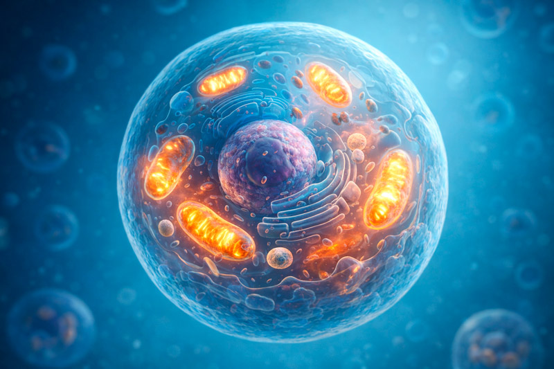 Mitochondria glowing inside human cell