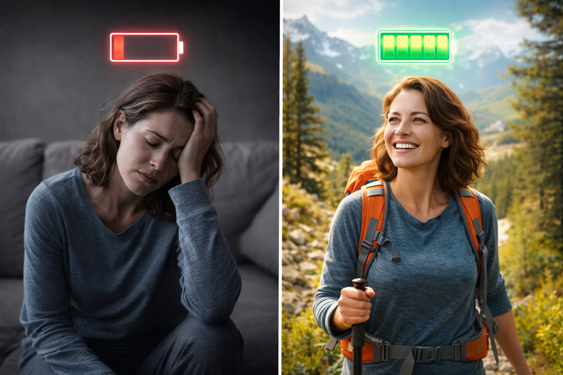 Health womam vs tired woman